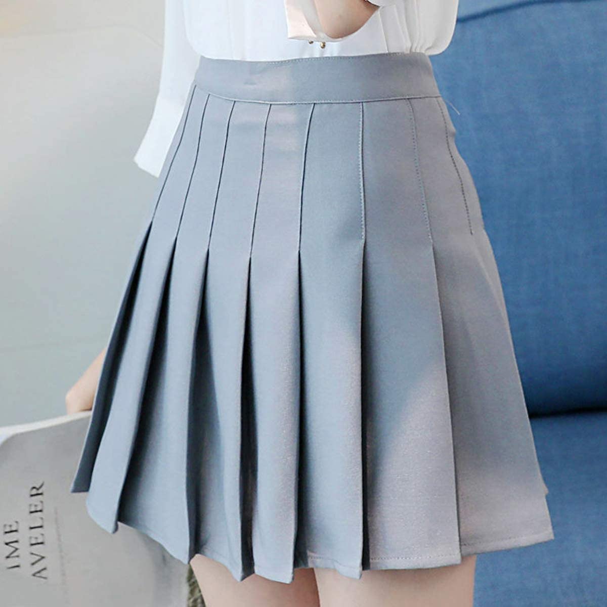 Girls Women High Waisted Pleated Skirt Plain Plaid A-line Mini